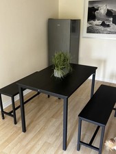 Industrial Dining Table and Bench Set Vintage Rustic Black Wood-Send Offer