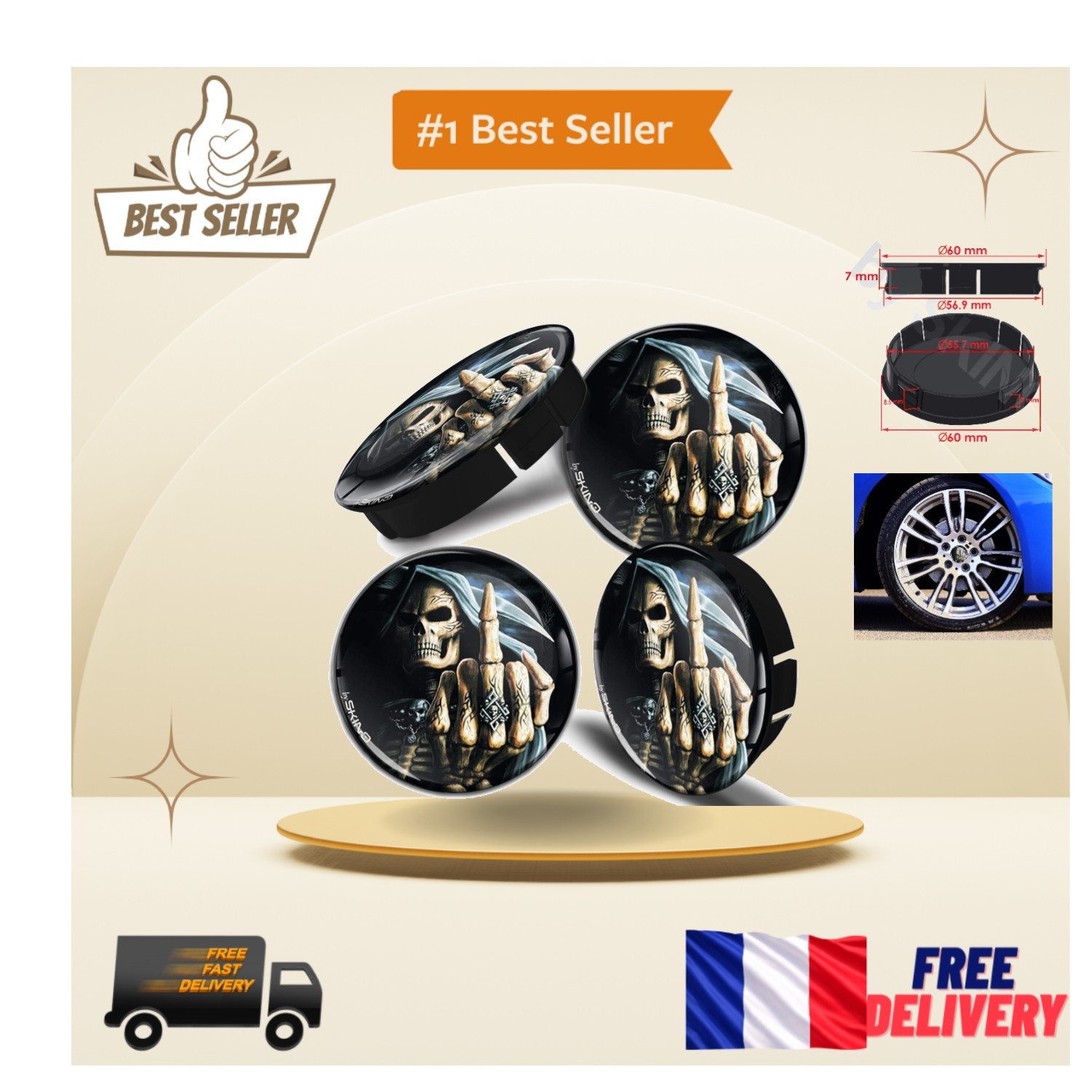 Capuchons de centre de roue 60mm squelette autocollants ABS pour jantes alu de voiture sport