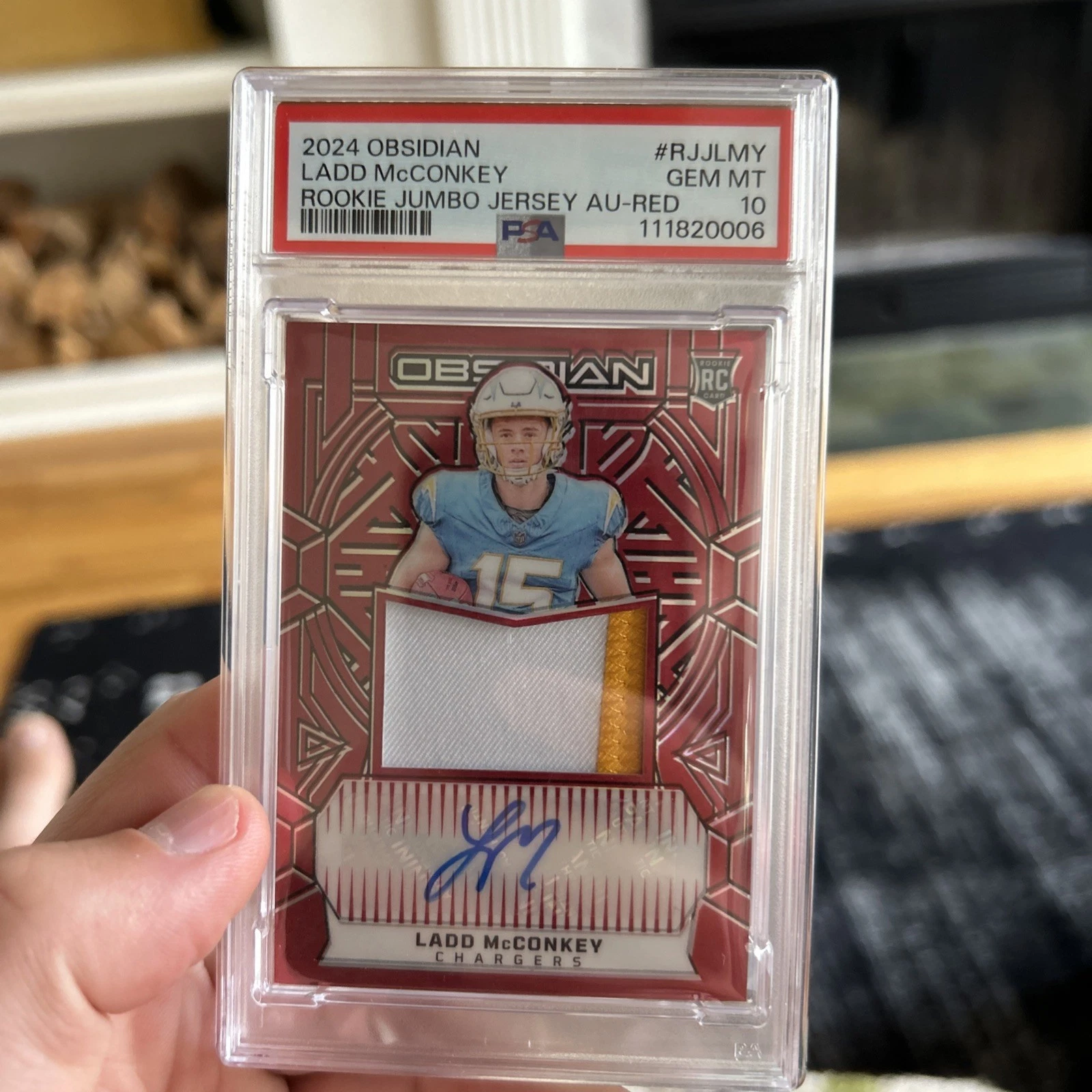Ladd McConkey Panini Obsidian Rookie Jumbo Jersey Autographs #RJJLMY Red