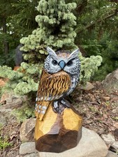 HORNED OWL Chainsaw Carving BLACK WALNUT Wooden OWL Statue 16.5