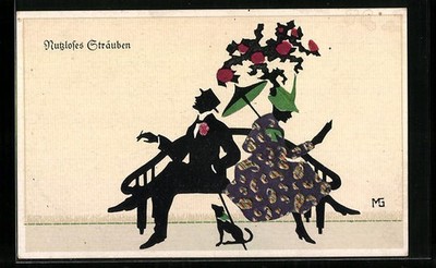 Artist postcard Marte Graf: useless bruising, a couple on a bench 