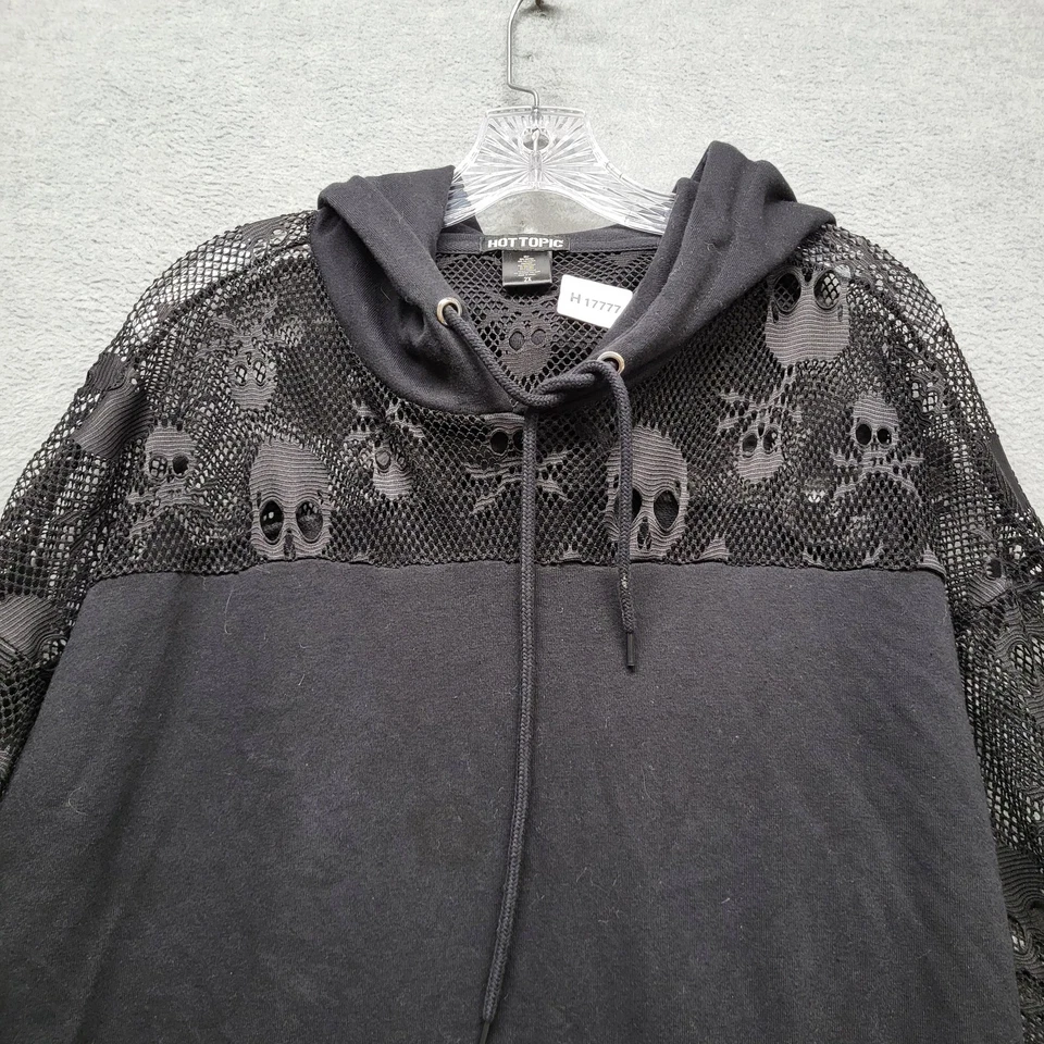 Hot Topic Mujeres Sudadera con Capucha 2X Negro Estampado Gráfico Calavera Encaje Malla Recortada Foto 4 de 4