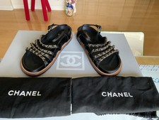CHANEL GOLD CHAIN BLACK LEATHER PLATFORM SAND...