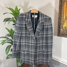 Vintage 90s Liz Claiborne Petite Collection Wool Gray Plaid Blazer Size 10P