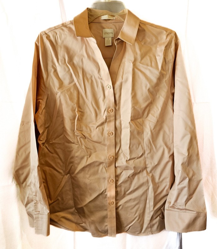 Chico's Women's Long Sleeve Button Down Shirt Size 1 Solid Tan