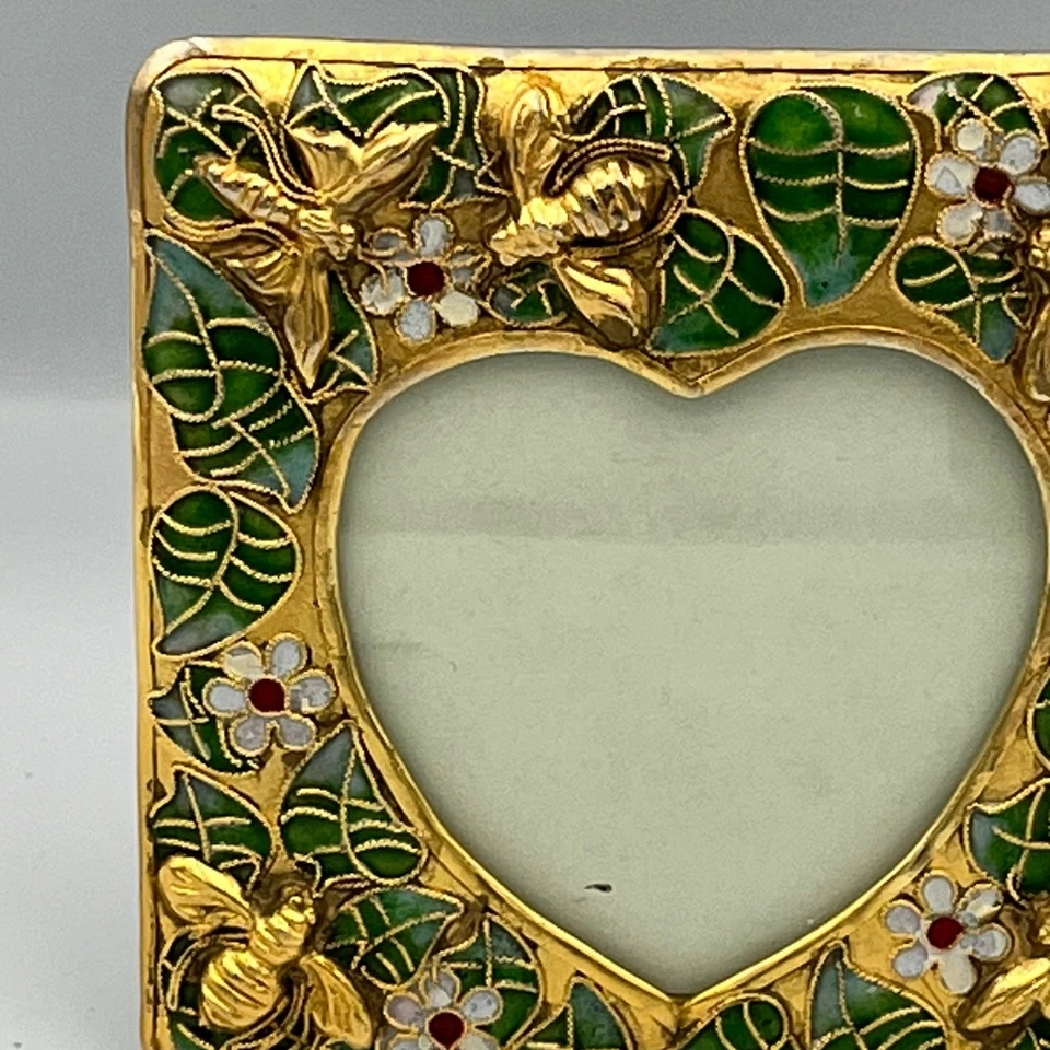 Marco de fotos corazón esmalte abejas hojas flores tono dorado exhibición de mesa Foto 2 de 4