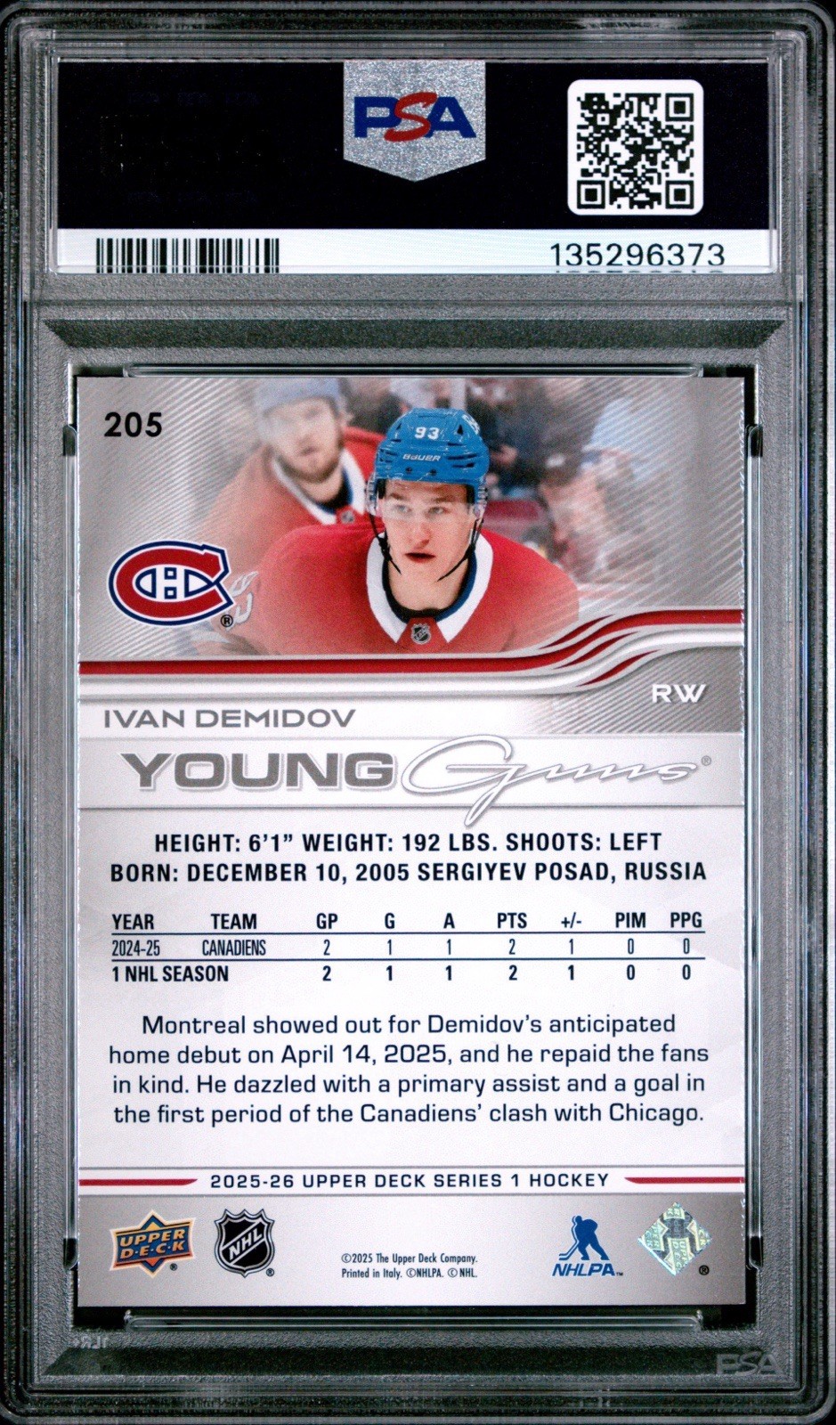 Ivan Demidov 2025 Upper Deck Young Guns #205 PSA 10 Montreal Canadiens view 2