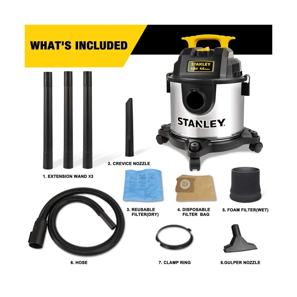 Aspiradora en seco húmedo STANLEY 4 galones, 4 HP pico acero inoxidable 3 en 1 S... envío rápido Foto 3 de 4