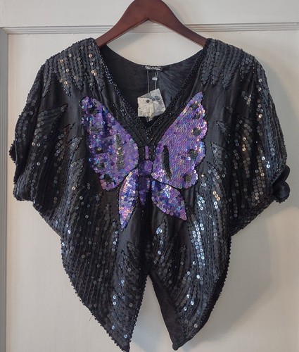 Vintage Sequined Purple Black Butterfly Top 100% Silk Sequins