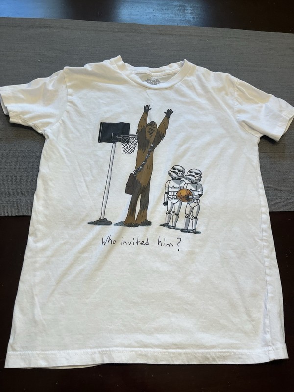 Star Wars Basketball T-Shirt Chewbacca Who Invited Him? - Youth Large - White