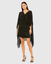 Mac Duggal Size Small 94044 Black Cape Back Fringe Beaded Robe Cocktail Dress