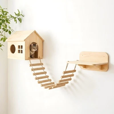 Cat Climbing Ladder Wall Mounted Cat Bridge Wood Pet Furniture Cat Hemp Cage