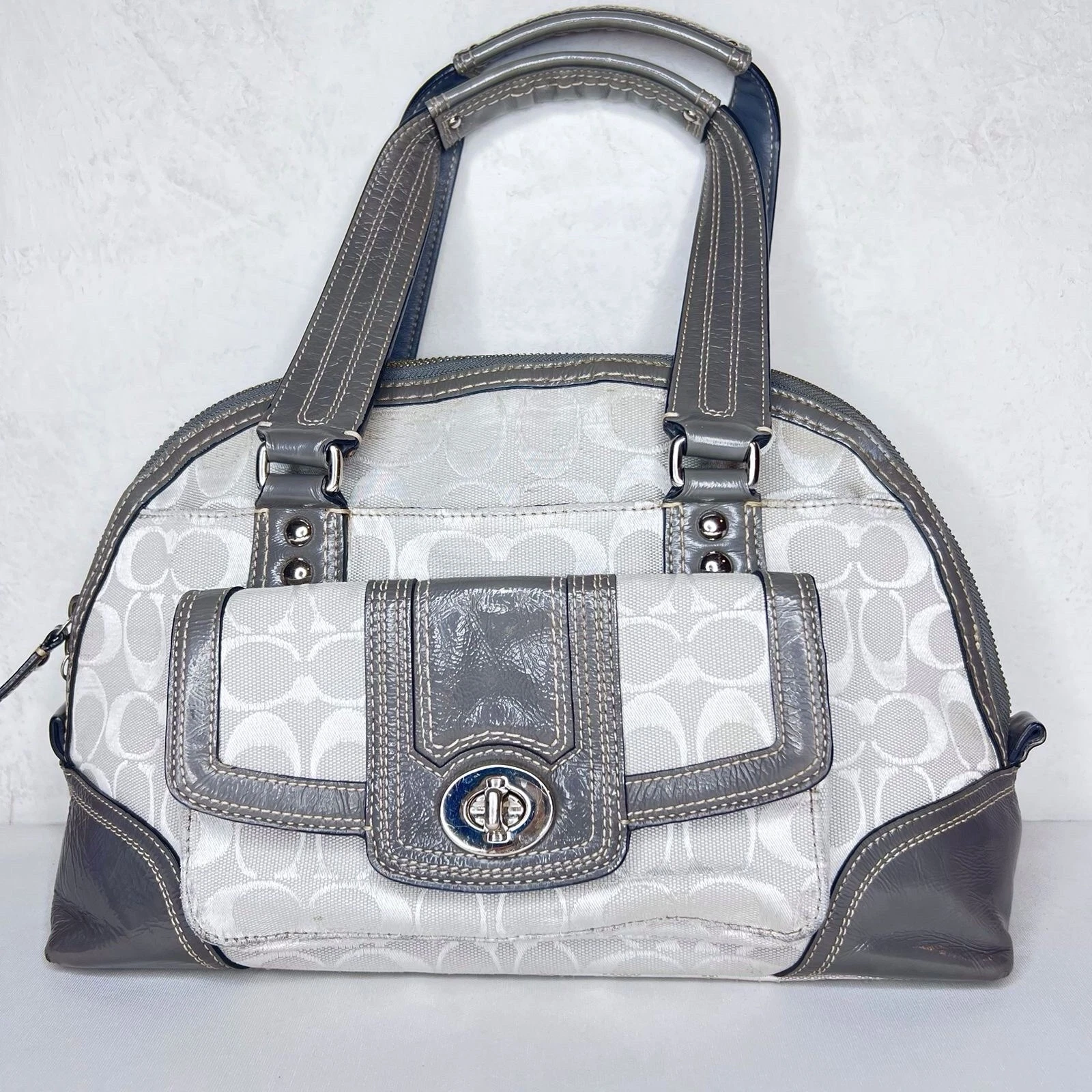 Coach Hampton Signature Dome Satchel Handbag Shoulder Bag Gray F13977