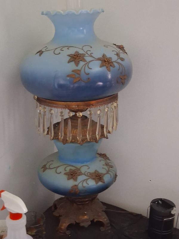 Blue Glass Floral Table Lamp with Prism Fringe Shade, Knob Control, Corded
