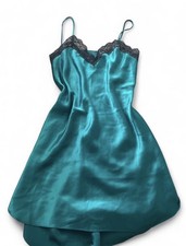 Vintage Intimate Affair Teal Black Satin Lace Chemise V-Neck Women s Medium