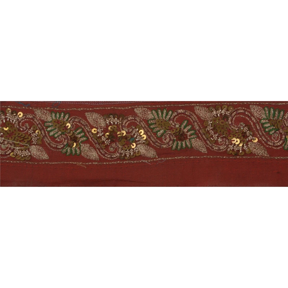 Sanskriti Vintage Sari Border 1 Yd Craft Dark Red Trim Hand Beaded Sewing Lace - Image 2 of 4
