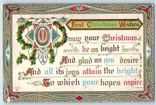 1912 Christmas Message Holly Berries Embossed Cleveland Ohio OH Antique Postcard