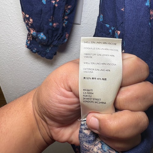 Free People Indigo Petit Fours Smock Neck Floral Mini Dress Linen Blend Sz L - Picture 9 of 11