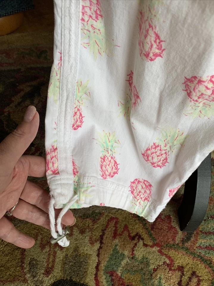 White Cotton Crop Cargo Pants Pink Pineapples Flap Pockets Ties 16 - 34” 20” - Image 4 of 4