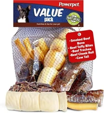 Value Pack - Natural Dog Chews-Smoked Beef Bone -Beef Jerky Bites, Trachea
