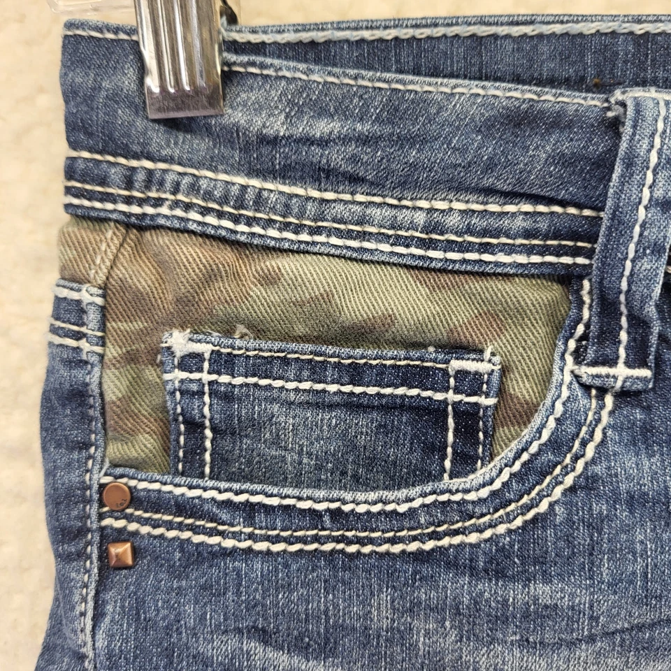 Pantalones Cortos Lei Ashley Jean Mujer Talla 1 Azul Denim Encaje Borde Boho Tiro Bajo Foto 2 de 4