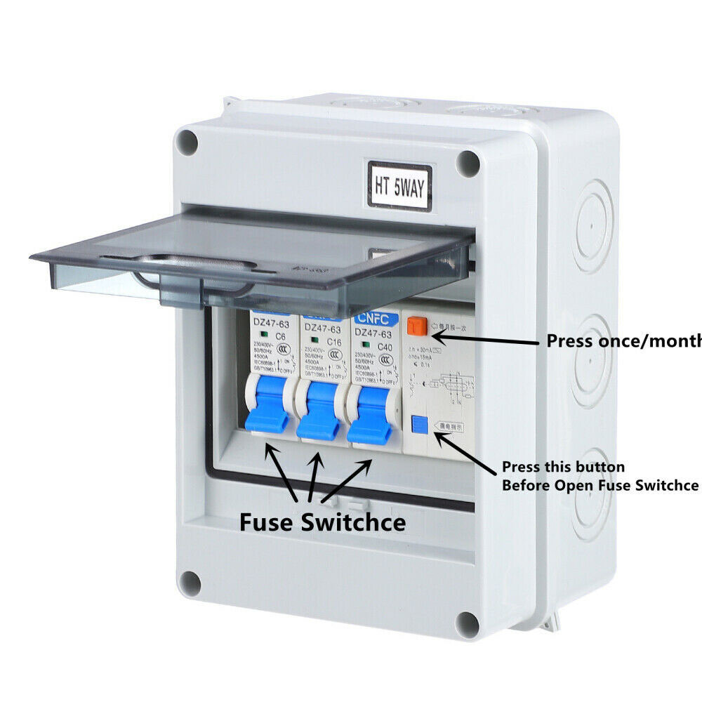 5 Way Garage Caravan Campervan IP65 Consumer Unit with 25A 30mA RCD MCB