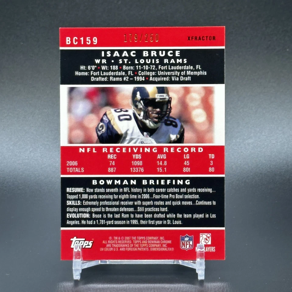 2007 Bowman Chrome Isaac Bruce #'d /250 Xfractor St Louis Rams Football #BC159 - Image 3 of 3