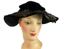 Vintage 30s 40s Evening Hat Floppy Brim Gold Floral Applique Velvet