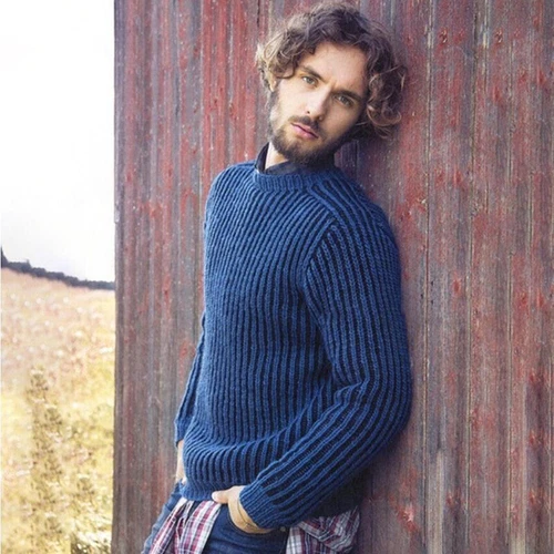 Men's solid color knit thick pullover crew-neck top - Picture 6 of 9