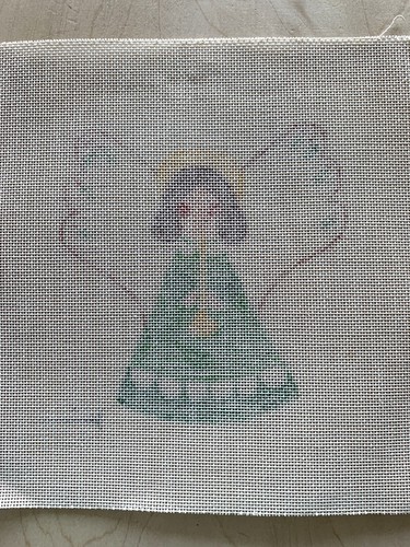 Christmas Angel Needlepoint Canvas Hand Painted 9 x 9 Signed Playing Horn Green - Picture 3 of 4