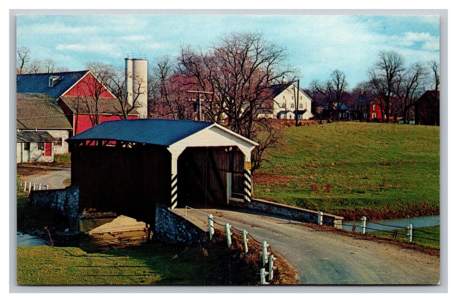 Lancaster PA Pennsylvania Landis Mill Covered Bridge Aerial View Chrome