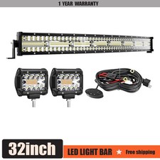 32" Curved LED Light Bar 2x 4" Cube Pods 6 Modes Strobe Wiring Harness Kit