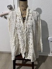 Johnny Was XS White Lace Trim Embroidered Crochet Open Front Draped Cardigan