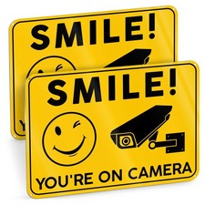 Smile You're on Camera Signs, 10 x 7 Inch Aluminum, 2 Pack