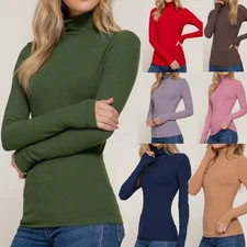 Womens Long Sleeve Turtleneck Top Rib Knit Slim Fit Stretchy T-Shirt