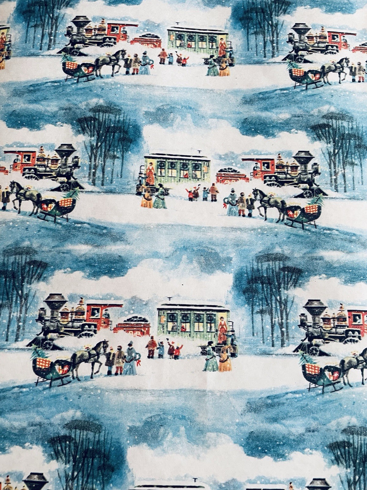 VTG CHRISTMAS WRAPPING PAPER GIFT WRAP SLEIGH TREE TRAIN WINTER SCENE GORGEOUS