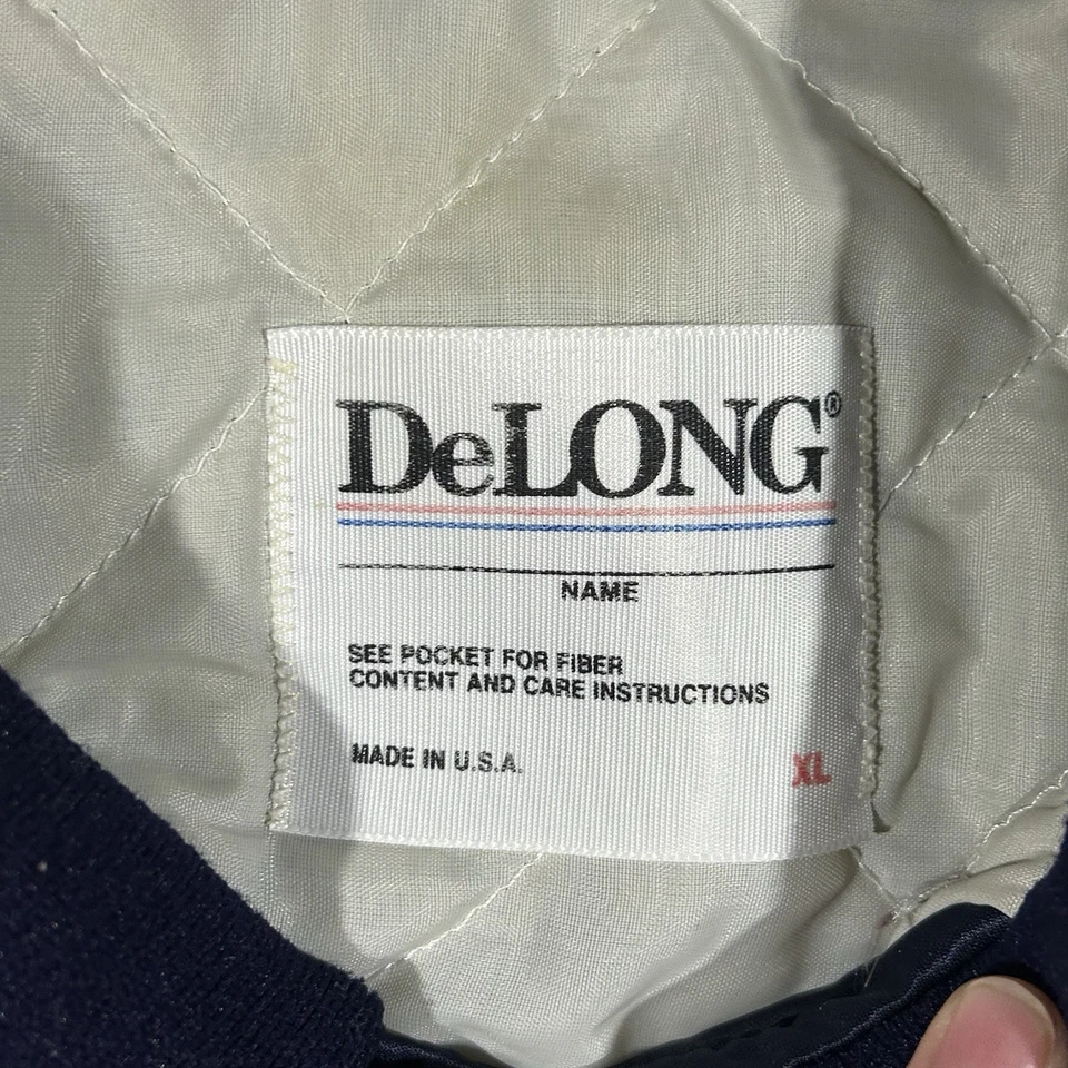 Vintage 90s DeLong Navy Blue Satin Bomber Jacket Quilted Lining Men’s XL - Image 4 of 4