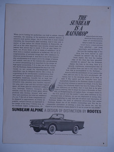 Sunbeam Alpine Rootes The Sunbeam Is A Raindrop Vintage Print Ad