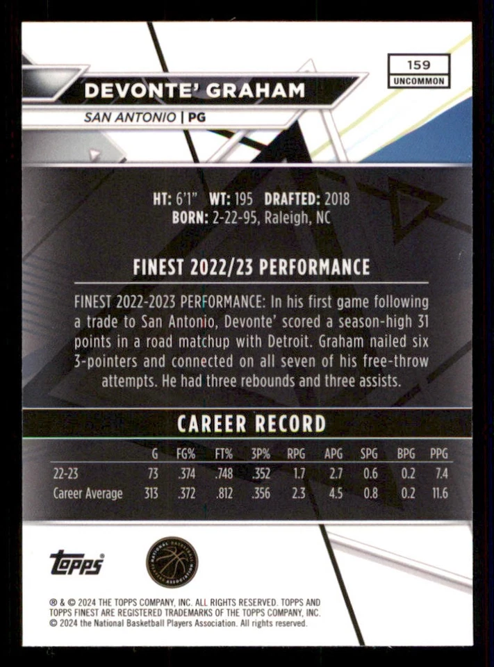 2023-24 Finest Checkerboard Refractors #159 Devonte' Graham UC - Image 2 of 2