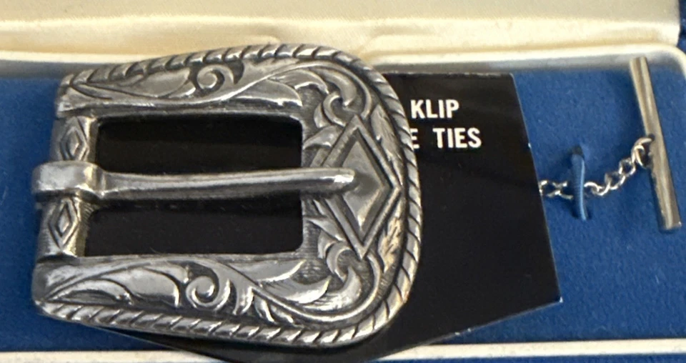 VINTAGE SWANK Silver BELT BUCKLE TIE CLIP IN BOX Southwestern - Image 3 of 4