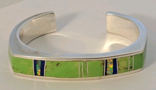 GL MILLER Sterling Silver Green Turquoise Lapis Opal Inlay 6+" Cuff Bracelet