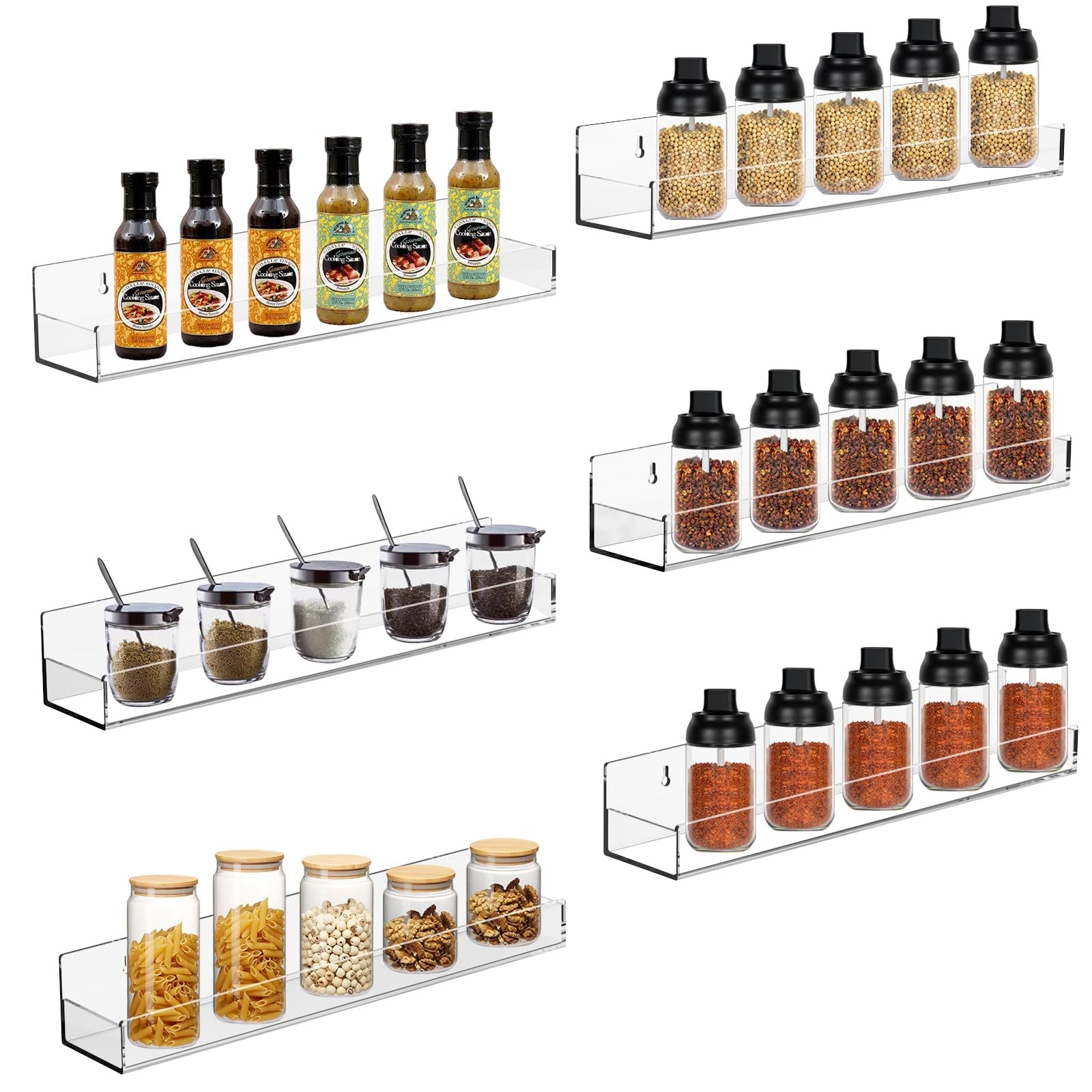 6 PCS Clear Acrylic Spice Rack Wall Mounted 15 Inch Floating Shelf Guards