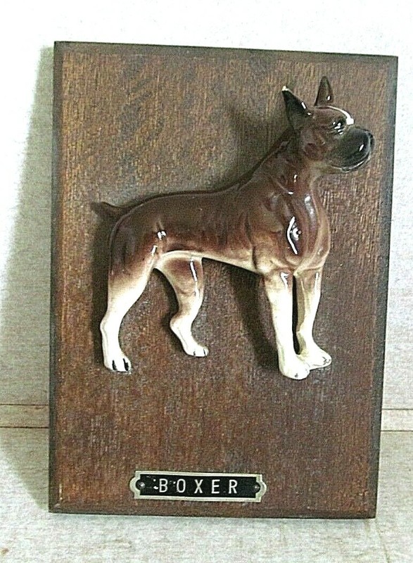 CERAMIC Boxer DOG on Wood WALL PLAQUE DECOR CANINE Unmarked 6" x 7-1/2"