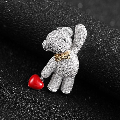 Teddy Bear Brooch With Cubic Zirconia Accents and Enamel Red Heart ZARD - Picture 3 of 4