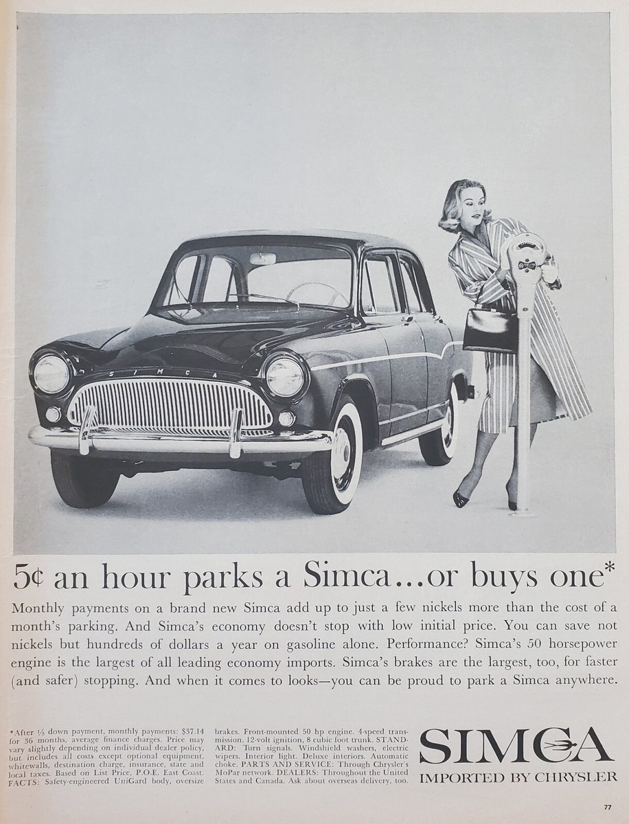 1960 Simca Economy Car Woman Parking Meter Chrysler Import Vintage 