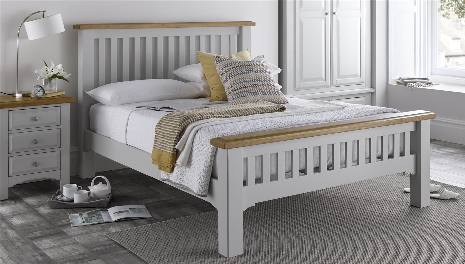 Real oak & Light Grey Solid,strong,wood bed frame.Wooden bedstead,Double,King