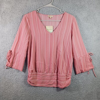 LILY WHITE PINK & WHITE PINSTRIPE V-NECK 3/4 SLEEVE BLOUSE WOMEN'S SIZE SMALL