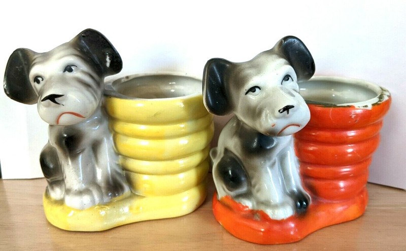 Set 2 Vintage Dog Puppy Ceramic Planters Vases Terrier Japan Darco Troy New York