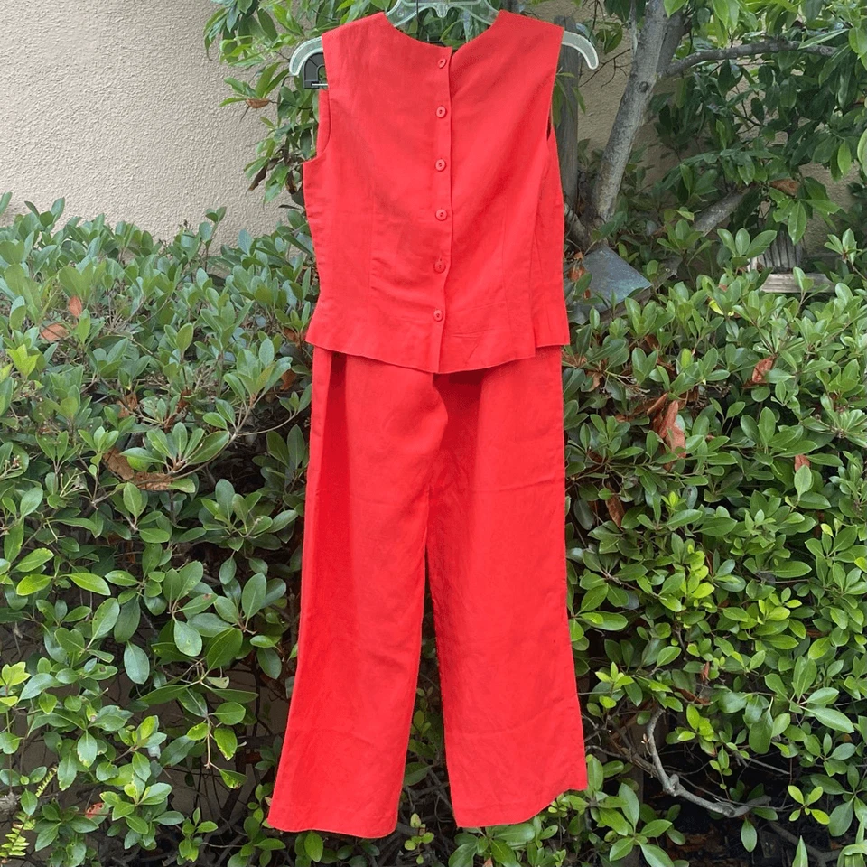 Donna Morgan Women's Orange Linen Blend Floral Embroidered Pantsuit 2 Pcs Size 6 - Image 2 of 4