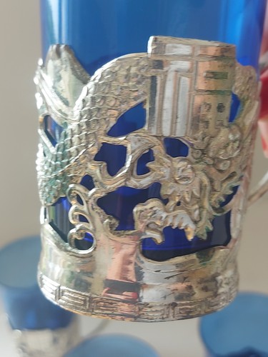 Cobalt Blue Glass In Chrome Dragon Holder X6 Vintage Tankards - Picture 7 of 14